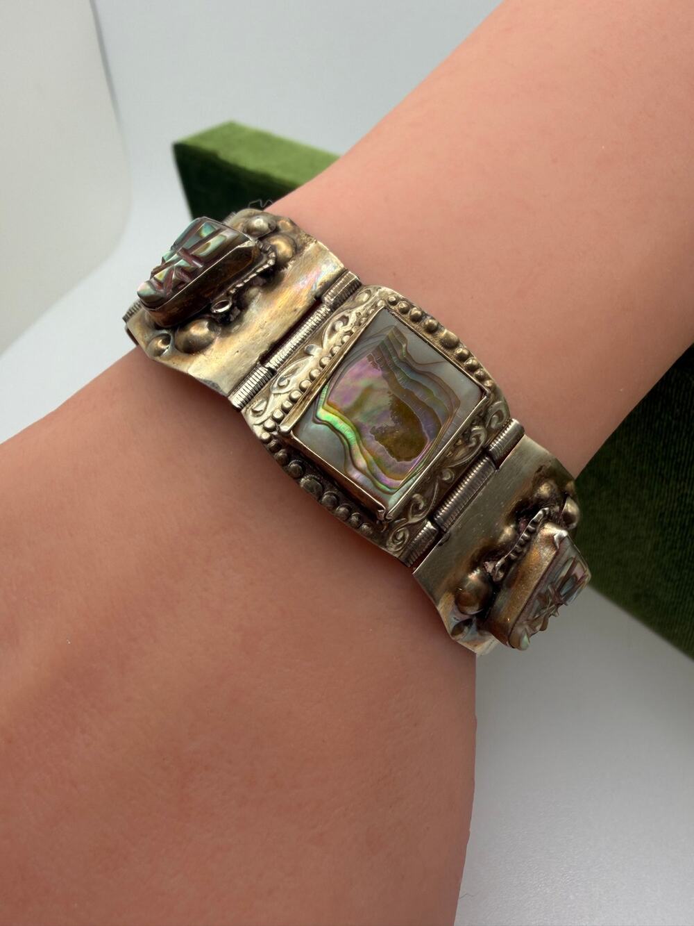 Vintage 1950"s Alpaca Hecho en Mexico Taxco abalone Panel Link Bracelet